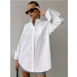 White Loose Fitting Dress Shirt Button Down, Long Sleeve
